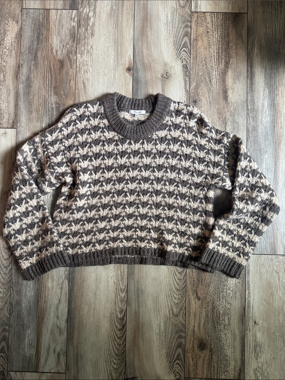 Madewell Brown and Cream Patterned Crewneck Sweater